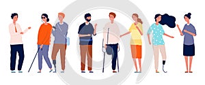 People together. Different person characters, socialization of disabled man woman. Crowd friends vector concept