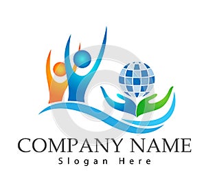 People together hands globe logo, team work, family, teamwork icon. Community, people sign in modern style on white background