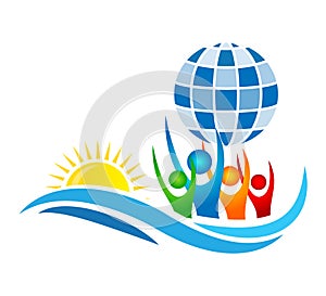 People together hands globe logo, team work, family, teamwork icon. Community, people sign in modern style on white background