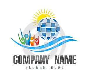 People together hands globe logo, team work, family, teamwork icon. Community, people sign in modern style on white background