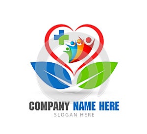 People together in hear shape, green leaf,healthcare logo new trendy high quality professional logo