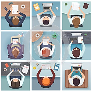 People top view. Meeting business characters desk working space vector people top view