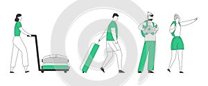 People Tourists Traveling Set. Young Couple Hiking with Backpacks, Man and Woman with Luggage Hurry on Plane