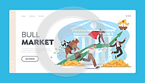 People Trading on Bull Stock Market Landing Page Template. Businesspeople Brokers or Traders Characters Analyse Fund