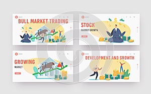 People Trading on Bull Stock Market Landing Page Template Set. Brokers or Traders Characters Analyse Global Fond