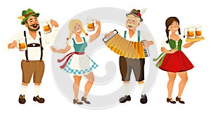 People in traditional German, Bavarian costume holding beer mugs, Oktoberfest, cartoon vector illustration isolated on photo