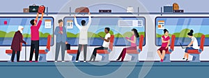 People in train. Public transport interior with different male and female cartoon characters. Vector people in subway