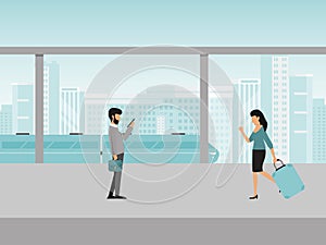 People on the train station vector illustration. Passengers subway tram modern city public transport. Men and women