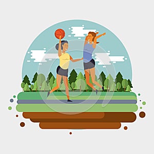 People training basketball at park cartoon