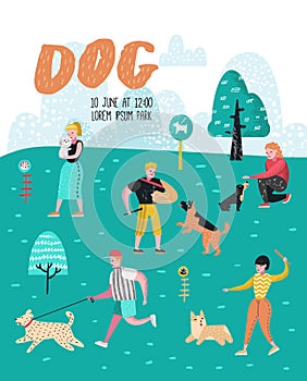 People Training Dogs in the Park. Dog Poster, Banner. Characters Walking Outside with Pets