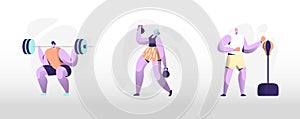 People Training in Gym. Male and Female Characters in Sports Wear Workout with Weight and Dumbbells Boxing Punching Bag