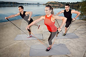 People training with resistance band