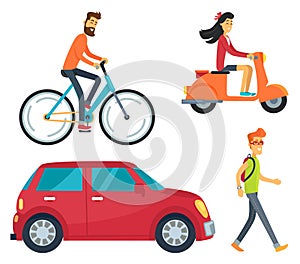 People with Transport Icons Vector Illustration