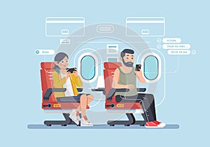 People travel by airplane vector illustration and busy with their smartphone, plane interior with single seat and window as photo