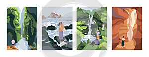 People travel in nature. Vertical landscape cards set. Holiday adventure in caves, canyon, hiking to waterfall, sea and
