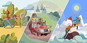 People travel to nature, hiking and mountaineering, road trip in car or trekking with backpacks, vector illustration