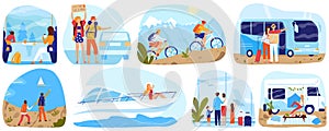 People travel, tourism vector illustration set, cartoon flat man woman tourist characters traveling by ship airplane