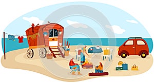 People travel in trailer vector illustration, cartoon flat happy man woman camper traveler characters cook picnic food