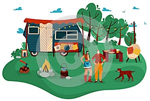 People travel in trailer vector illustration, cartoon flat man woman couple traveler characters standing in tourist camp