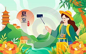 People travel on vacation with various plants and buildings in the background, vector illustration