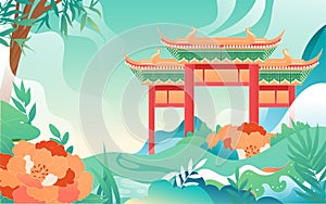 People travel on vacation with various plants and buildings in the background, vector illustration