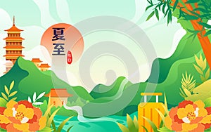 People travel on vacation with various plants and buildings in the background, vector illustration