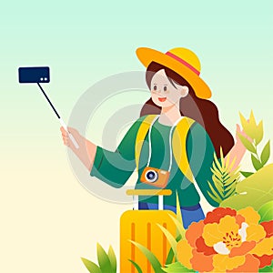 People travel on vacation with various plants and buildings in the background, vector illustration