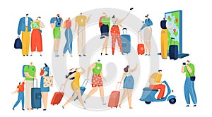 People travel vector illustration set, cartoon active flat man woman travelers with bag or suitcase, family or friends