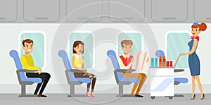 People Traveling by Aircraft, Flight Attendant in Uniform Serving Passengers on Board of Airplane Vector Illustration