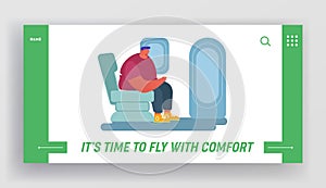 People Traveling by Airplane Website Landing Page. Young Man Sitting in Comfortable Seat near Emergency Exit