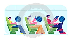 People Traveling by Airplane. Young Man and Woman Sitting in Comfortable Seats Relaxing, Listen Music. Passengers in Plane Board