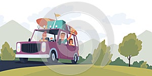 People traveling by car. Happy family in road trip. Hitchhiking and traveling concept for banner, website design or