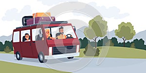 People traveling by car. Happy family in road trip. Hitchhiking and traveling concept for banner, website design or