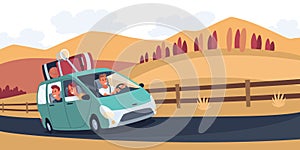 People traveling by car. Happy family in road trip. Hitchhiking and traveling concept for banner, website design or