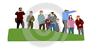 People traveling and having a rest. Group of tourist on the top of the hill vector illustration isolated. Hikers active