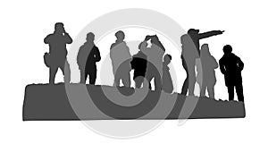 People traveling and having a rest. Group of tourist on the top of the hill vector silhouette illustration isolated. Hikers active
