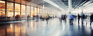 People traveling motion blur. walking through air port. copy space for text