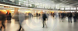 People traveling motion blur. walking through air port. copy space for text