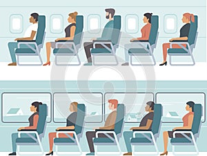 People traveling. Passengers seating in airplane. Travellers in a intercity coach bus. Road trip. Travel and tourism comcept