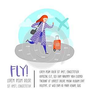 People Traveling by Plane Poster, Banner, Brochure. Cartoon Character with Baggage in Airport. Woman with Luggage