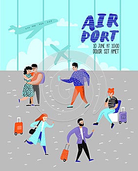 People Traveling by Plane Poster, Banner, Brochure. Characters with Baggage in Airport. Man and Woman with Luggage