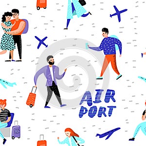 People Traveling by Plane Seamless Pattern. Cartoon Characters with Baggage in Airport Background for Wallpaper