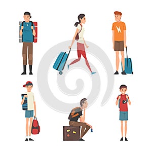 People traveling on vacation set. Male and female characters with suitcases having trip cartoon vector illustration