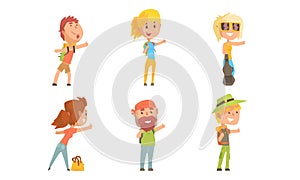 People Travelling by Autostop Collection, Male and Female Tourists Characters Hitchhiking Vector Illustration
