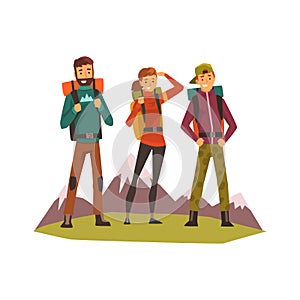 People travelling together, tourists hiking, mountain landscape, backpacking trip or expedition vector Illustration