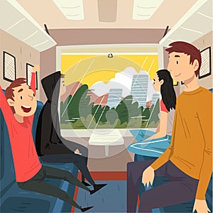 People Travelling by Train, Men and Women Sitting in Passenger Railway Transport, Train Interior Vector Illustration