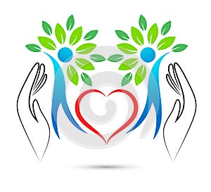 People tree green leaf hands and hearts logo.