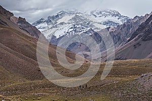 People trekking in Aconcagua mountains. National Park in Mendoza Province