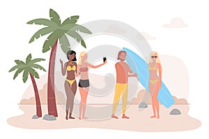 People on tropical sea beach flat vector illustration, cartoon happy friend characters spend fun time outdoor on summer