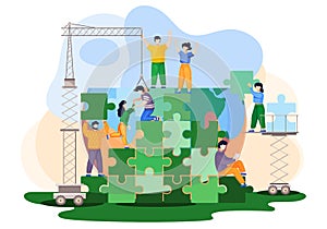 People trying to save world ecology. Characters are building a green planet from blocks of puzzles